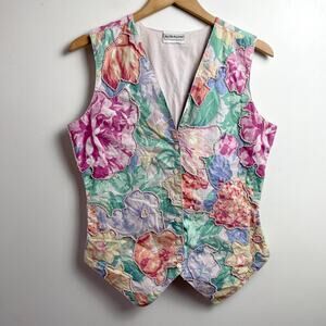 Vintage 80s 90s Floral Vest Large Lightweight Beaded Cottage Pastel‎ Shabby Chic